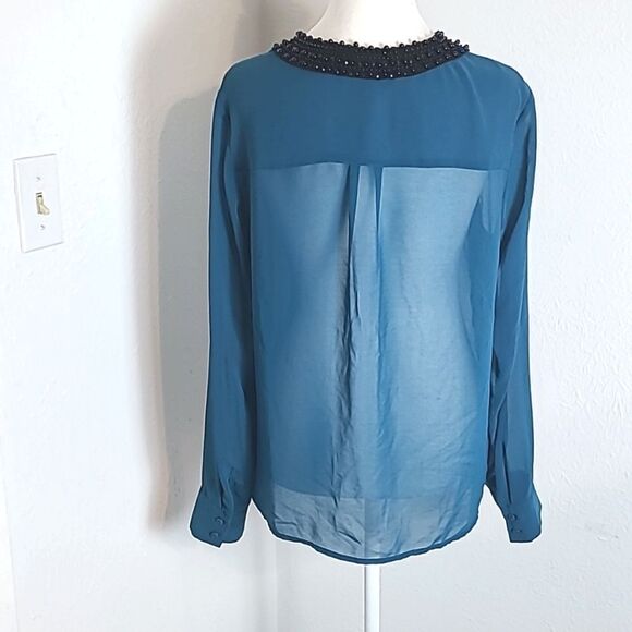 Kensie Sheer Dark Teal Buttondown Blouse with Black Beaded Collar, Size Large - Picture 5 of 9